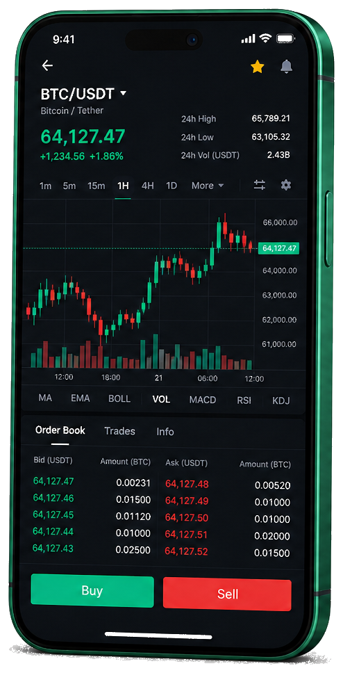 Interface mobile de trading Vision Lexapro Fin — cours BTC/USDT en direct, carnet d’ordres et outils de surveillance des opérations